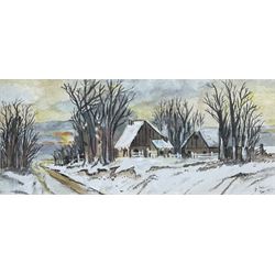 M Fox (British Early 20th Century): Winter Cottages at Dusk, watercolour signed and dated 1921, 15cm x 34cm