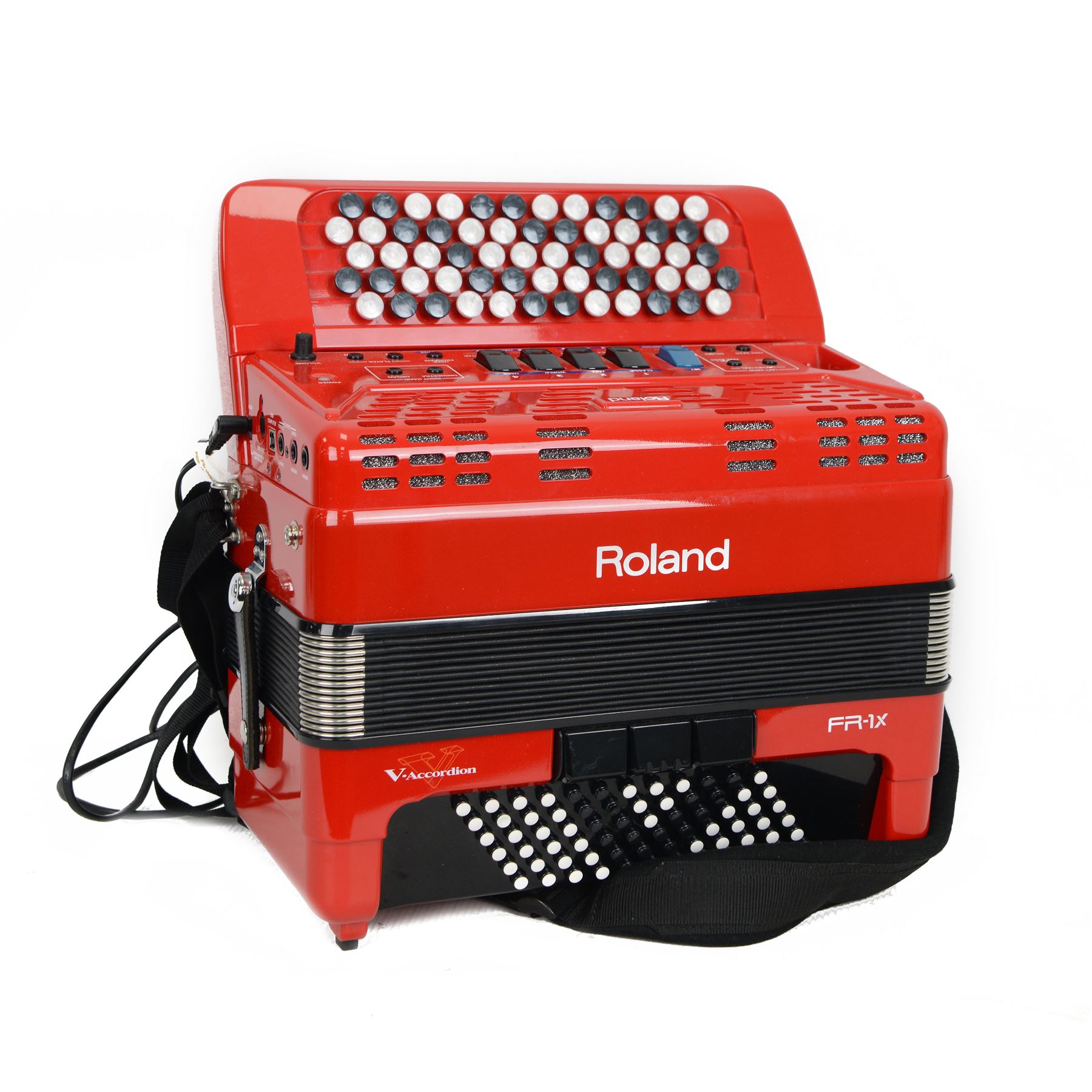 Rolan FR-1X  V-accordion, 13 fold bellows, 62 butttons, classic, jazz, ensemble, brass, wind, piano and guitar, samples. With leads and carrying case.