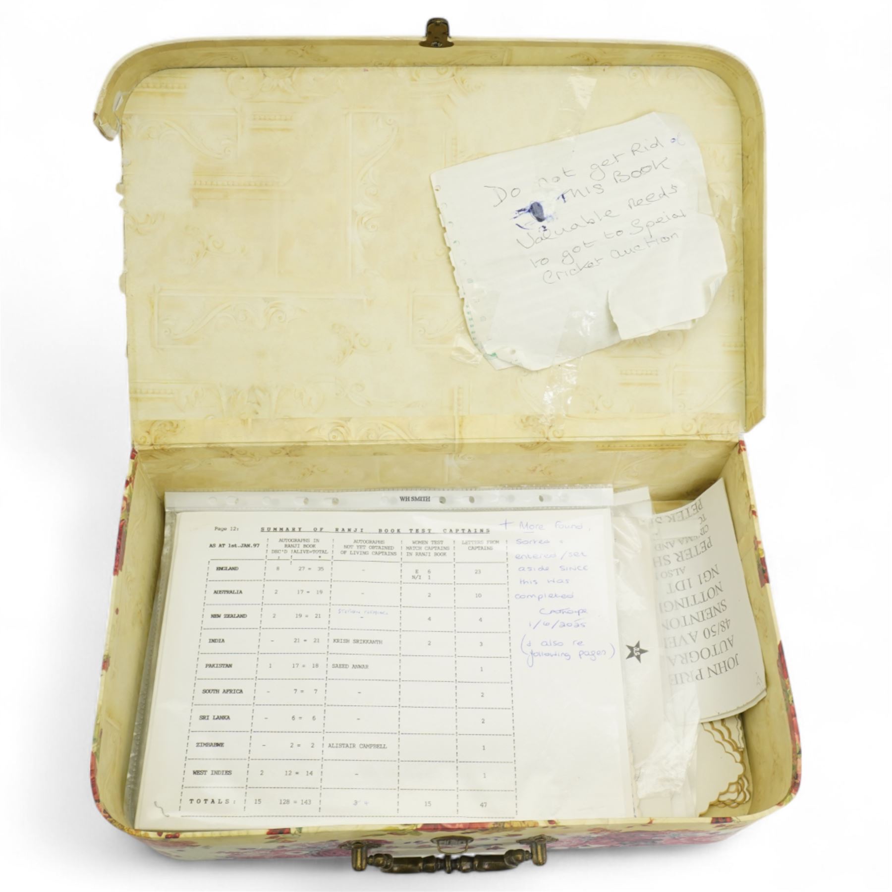 K S Ranjitsinhi - Jubilee Book of Cricket 1897, rebound in full calf and incorporating approximately 250 autographs of international cricketers, collected, compiled and presented by John E Harrison, all edges gilt together with a folder of correspondence, birthday card from Don Bradman, cuttings and autographs etc and a small album of photographs and correspondence