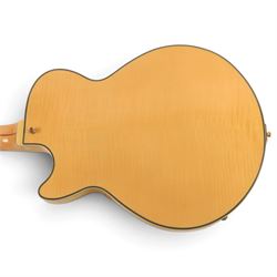 D'Angelico Excel SS electric guitar, with semi-hollow body in amber finish, serial no. US15070189, in D'Angelico hard case, guitar L105cm