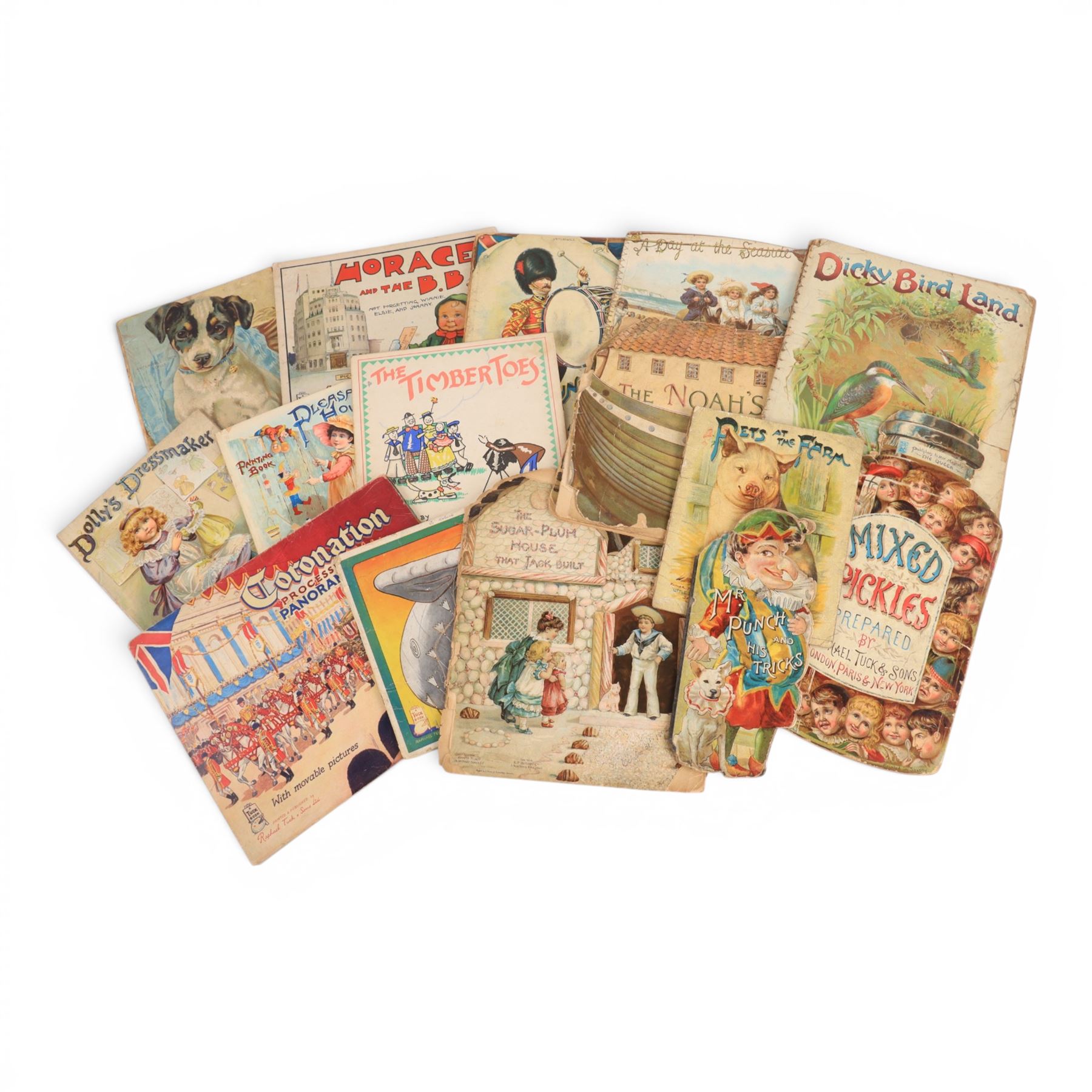 Fifteen late 19th/early 20th century children's picture books, comprising eleven published by Raphael Tuck & Sons, titles including Pleasant Hours Painting book, Boo-Boo the Barrage Balloon, The Timber Toes, At the Sound of the Drum, Coronation Procession Panorama, Horace and the BBC, Dolly's Dressmaker, Puppy Dogs ABC, Pets at the Farm, Mr Punch and His Tricks and Mixed Pickles Prepared, and four published by Ernest Nister, titles including Dicky Bird Land, The Sugar Plum House That Jack Built, The Noah's Ark and A Day at the Seaside