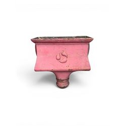 Edwardian heavy cast iron rainwater hopper, with water motif, painted in pale red finish
