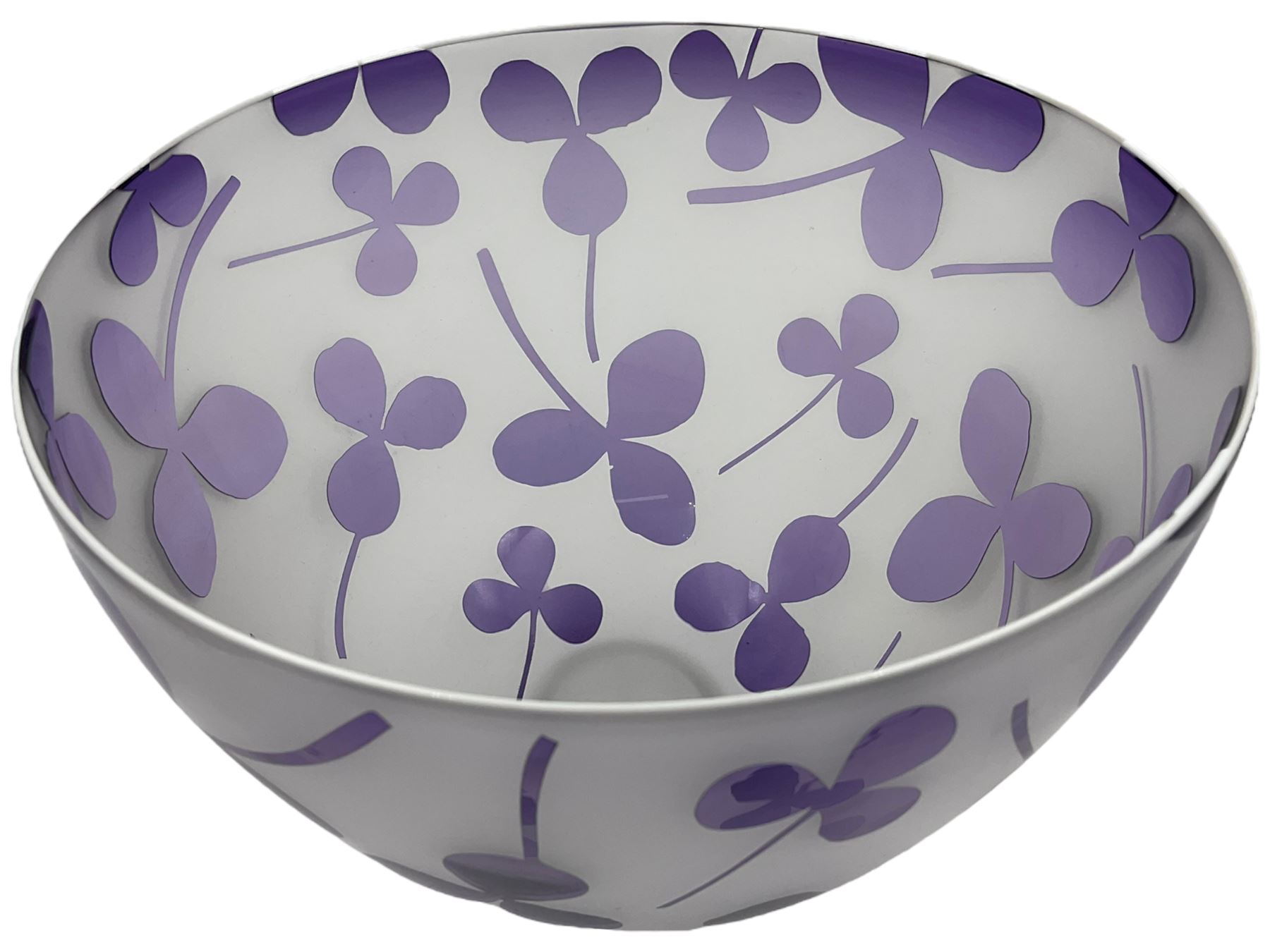 Gillies Jones of Rosedale glass bowl decorated with purple clovers,  upon a short clear tapering foot, signed to base, H16cm D18.5cm