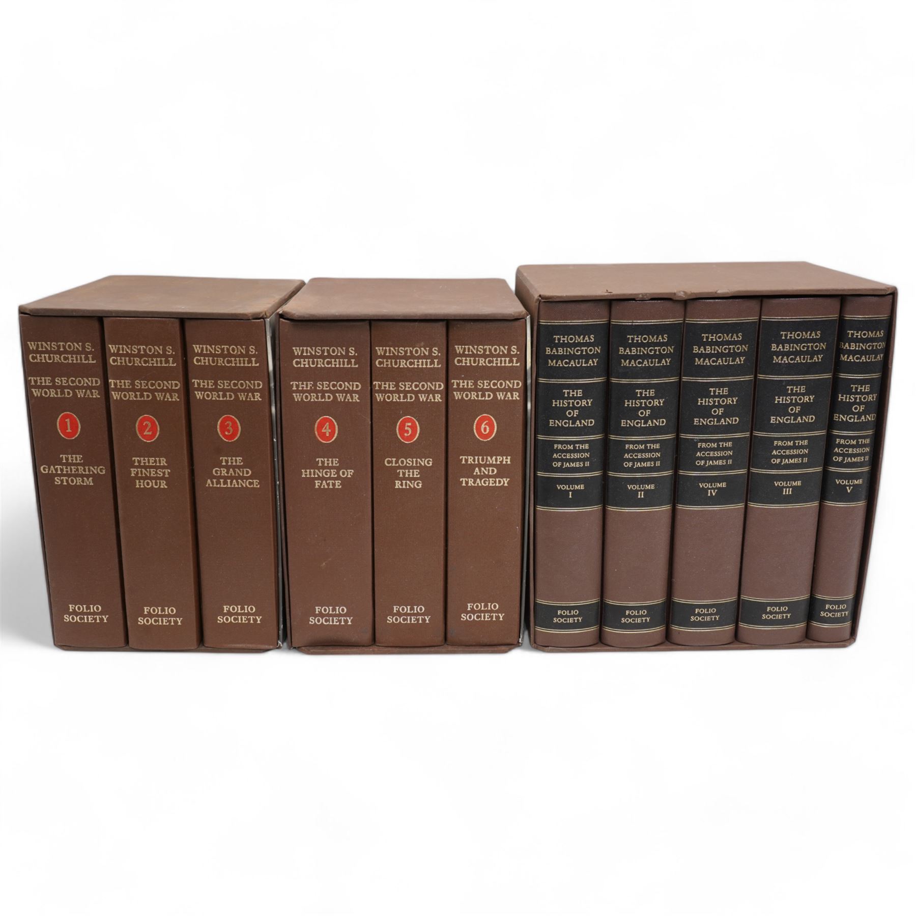 Folio Society: Winston S Churchill 'The Second World War' six volumes in two slip cases and Thomas Babington Macaulay 'The History of England' five volumes in slip case