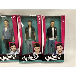 Sixteen Pop Artist collector's dolls comprising seven One Direction - Liam, Louis, Harry, two x Niall and two x Zayn; four Union J - Josh, JJ, Jaymi and George; two The Wanted - Nathan and Tom; Spice Girl Mel B; Justin Bieber; and Cody Simpson; all boxed with factory tie-downs (16)
