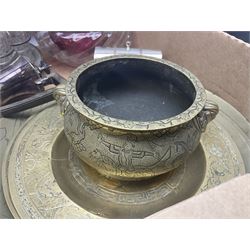 Uranium green glass vase, together with cranberry glass jug, glass dish with silver plate rim, glass cruet set etc, in two boxes 