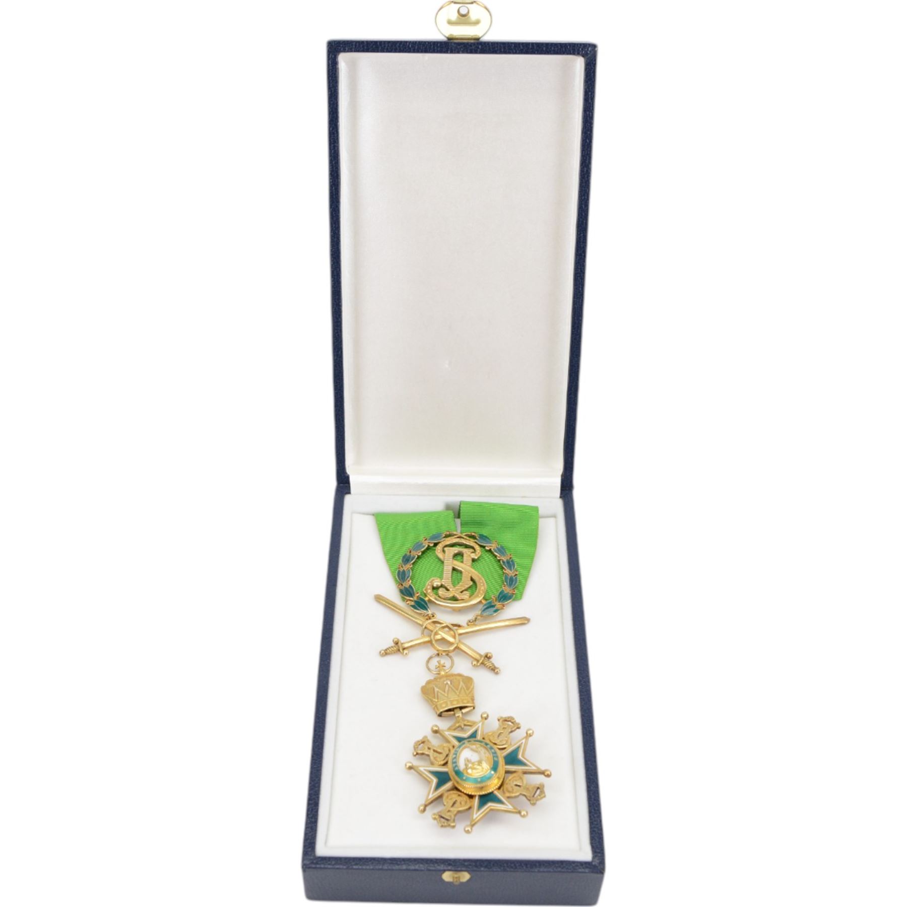 Military and  Hospitaller Order of St. Lazarus of Jerusalem, Knight of Grace gilt silver and enamel neck badge, upon a green ribbon, in case