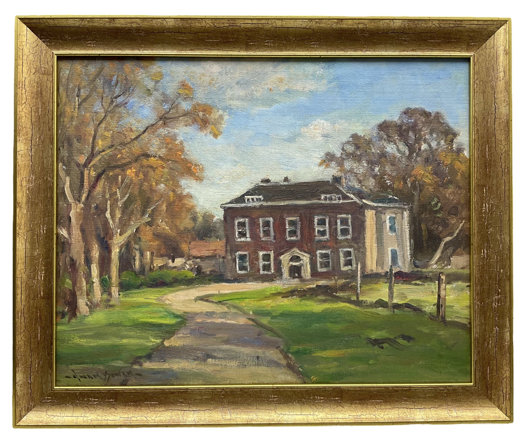 Owen Bowen (Staithes Group 1873-1967): 'Marton Hall School', Bridlington, oil on board signed, titled and dated 1963 verso on artists label 39.5cm x 50cm