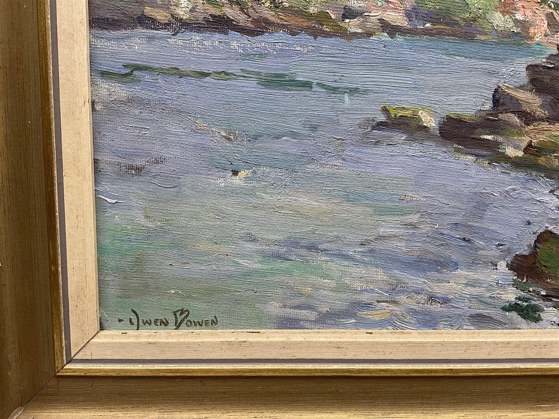 After Owen Bowen (Staithes Group 1873-1967): Castle on the Riverside, oil on canvas board bearing signature 28cm x 38cm 