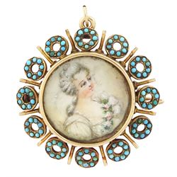 19th century gold turquoise portrait brooch / pendant, set with a circular portrait of a w...