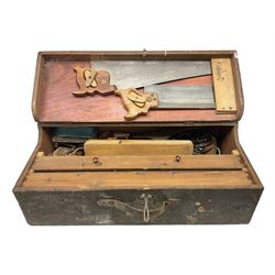 Large wooden tool box and carpenters tools, to include tenon and panel saws, box plane, mallet, chisels etc