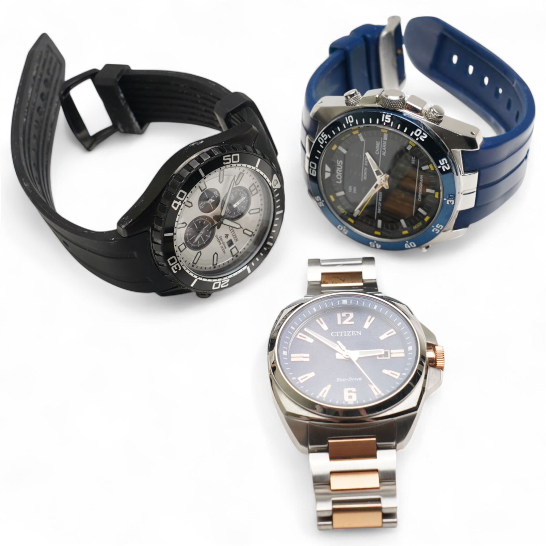 Three wristwatches including two Citizen Eco-Drive and a Lorus chronograph charm alarm, all quartz movements