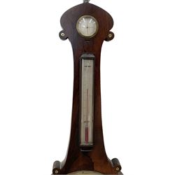 Late 19th century rosewood mercury barometer retailed by G Warners Clerkenwell, with a 10” dial silvered register signed by the Italian maker D Fagioli & son, with hygrometer, level bubble and spirit thermometer, brass recording hand and steel indicating hand.
Mercury tube with counterweights and pulleys intact. Mercury present.