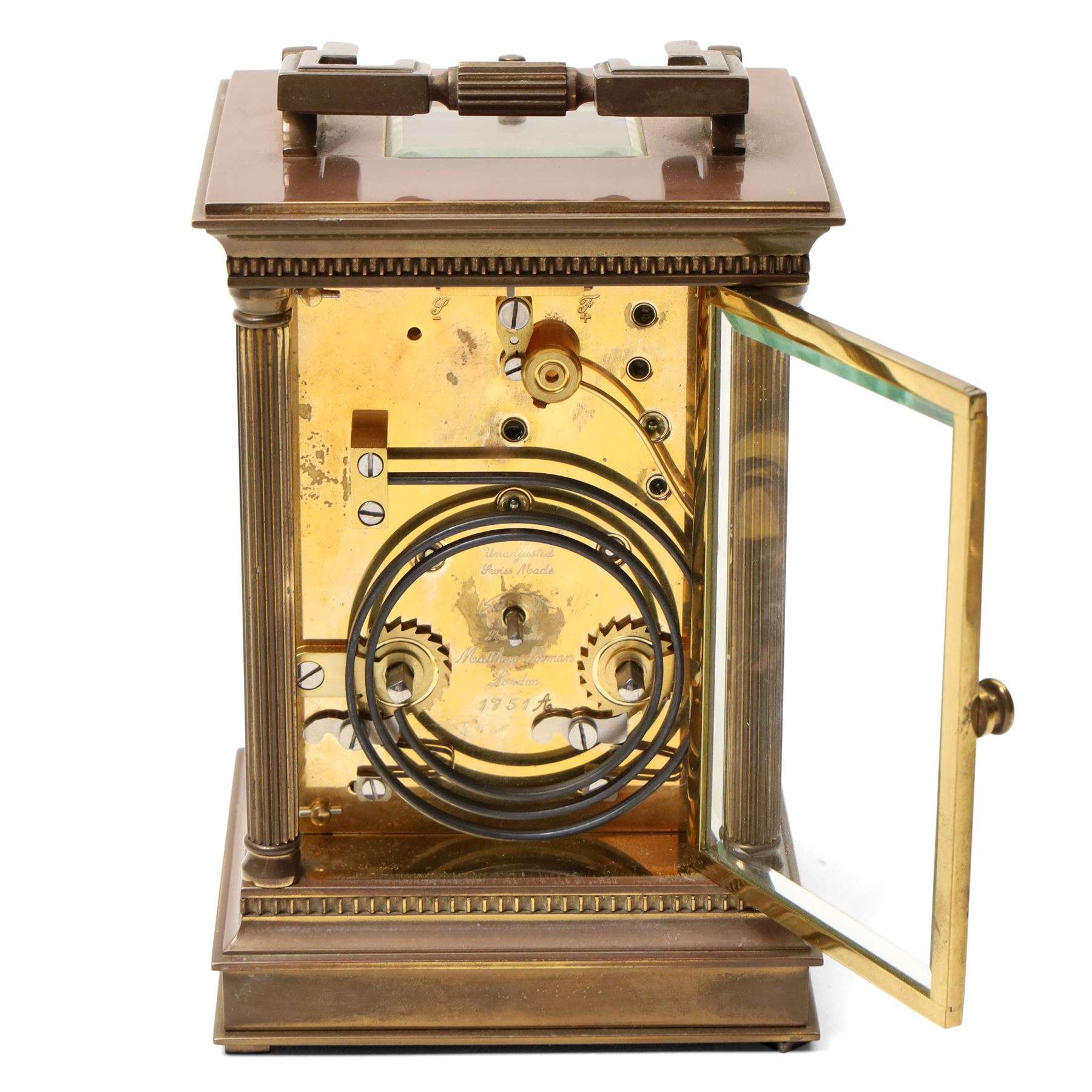 Matthew Norman - Modern repeating carriage clock with Swiss movement, white dial, brass and bevelled glass case H14cm, boxed and a miniature carriage clock by the same maker H9cm, boxed (2) 