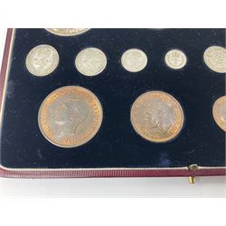 King George VI 1937 specimen coin set, fifteen coins from farthing to crown including Maundy money, in the original case