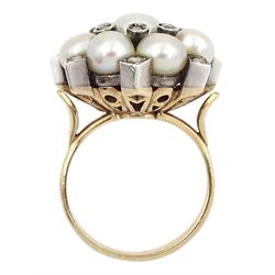 Gold and silver cultured white pearl and rose cut diamond flower head cluster ring, stamped 585