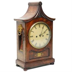 William IV mahogany and brass mounted bracket clock, the rectangular case with swept pagoda top with acanthus carved and rosette applied decoration, the sides with circular pierced brass fabric covered apertures and brass carrying handles, dial with 8 inch painted Roman chapters with pierced steel hands, the brass four pillar twin wire fusee 8-day movement with anchor escapement striking on a bell, lacking pendulum 
