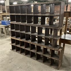 Three 19th century pine pigeon hole shelving units, the largest - W209cm, H58cm, D27cm - THIS LOT IS TO BE COLLECTED BY APPOINTMENT FROM THE OLD BUFFER DEPOT, MELBOURNE PLACE, SOWERBY, THIRSK, YO7 1QY