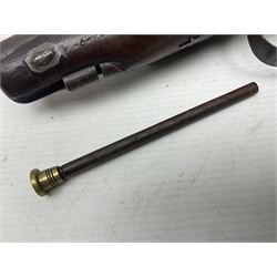 Early 19th century Wm. Hollis flintlock belt or pocket pistol, approximately 20 bore, the 10cm barrel with ram rod under, engraved lock plate with maker's name and roller frizzen, engraved trigger guard with pineapple finial and walnut stock with chequered grip L25cm overall
