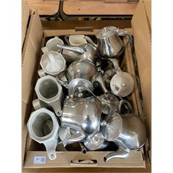 Quantity of ceramic and stainless tea pots, sauce boats, chip servers, in three boxes- LOT SUBJECT TO VAT ON THE HAMMER PRICE - To be collected by appointment from The Ambassador Hotel, 36-38 Esplanade, Scarborough YO11 2AY. ALL GOODS MUST BE REMOVED BY WEDNESDAY 15TH JUNE.