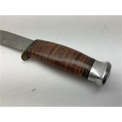 Graduated set of three Bowie knives by J. Nowill & Sons Sheffield England Est. AD1700, each with steel blade, brass cross-piece, stacked leather type grip and alloy pommel; largest blade 13cm and smallest 7.5cm; each in leather sheath (3)