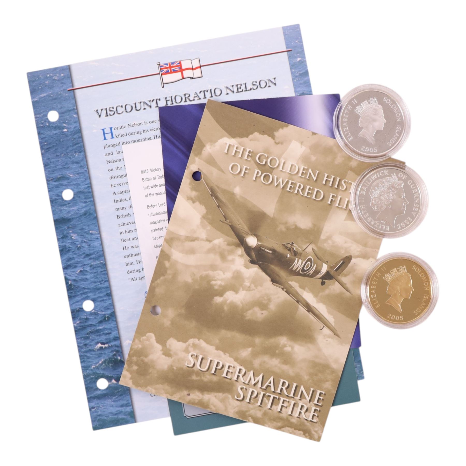 Three Royal Mint silver proof coins, comprising Queen Elizabeth II Guernsey 2003 'Nelson' five pound, Solomon Islands 2005 'HMS Victory', and Solomon Islands 2005 'Supermarine Spitfire', with certificates