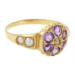 14ct gold amethyst, diamond and pearl ring, single rose cut diamond, surrounded by six round cut amethysts, the shoulders with two split pearls set either side
