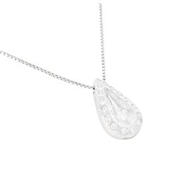 18ct white gold diamond pendant necklace, sixteen round brilliant cut diamonds, rubover set in a pear shaped pendant, on a fine box link chain necklace, stamped 750
