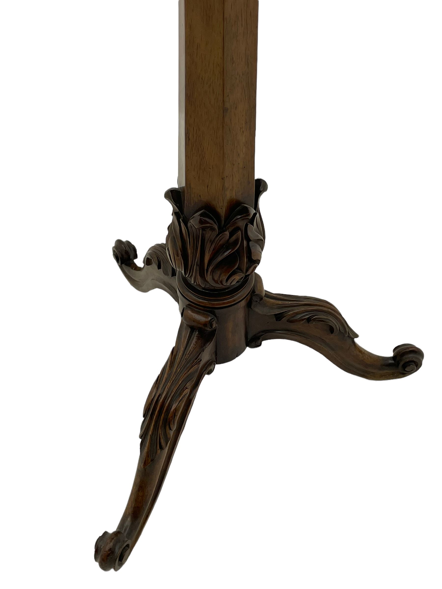 Early Victorian rosewood tripod pedestal table, circular moulded top hand painted with flowers and birds on slate, on tapered hexagonal column with carved acanthus leaf baluster, three splayed supports carved with foliage and scrolling terminals 