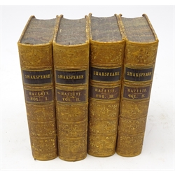  William Shakespeare: The Dramatic Works of William Shakspeare from the Text of Johnson, Stevens, and Reed with Glossarial Notes, Life, Etc, New Ed. by William Hazlitt, Esq in four vols. tan leather with marbled boards pub. George Routledge 1852 (4)  