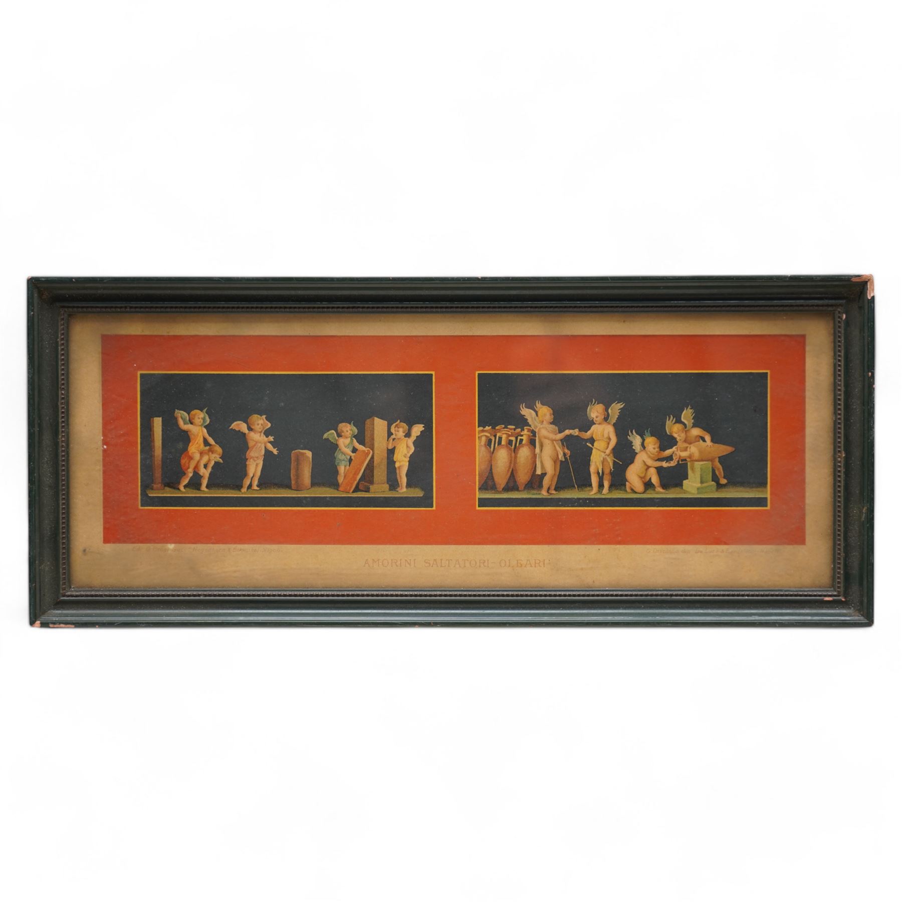 Geramia Discanno (Italian 1839-1907): Pompeii Frescos of Putti and Amorini, set seven 19th century lithographs with hand-colouring pub. 'Pompeii, House of the Vettii, Piccoli Amorini', Italy c.1890 max 18cm x 50cm (7)
Notes: Discanno was an Italian genre and landscape painter, who collaborated with archaeologists, lithographers and art historians to record the wall paintings in the Roman ruins of Pompeii and Herculaneum that were being excavated at the time.