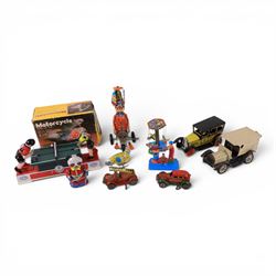 Collection of modern tin plate toys, including motorcycles, cars, table tennis players, ca...