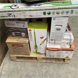 Collection of boxed items including a Flymo Micro Lite lawn mower, HP printer, Daewoo Halogen Air Fryer, an oil filled radiator etc