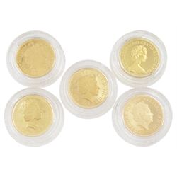 Queen Elizabeth II 'Decades Sovereign Collection', comprising full gold sovereign coins dated 1980, 1990, 2000, 2010 and 2020, cased with certificate
