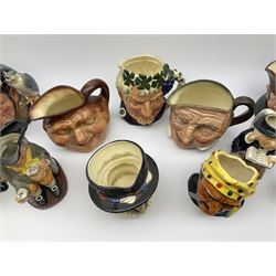 Collection of Royal Doulton character jugs, comprising of Old Charley, Beefeaters, John Barleycorn, Farmer John, Bacchus, the Falconer, Bournemouth pottery pirate jug, Roy Kirkham toby jugs, town clerk, Artful Dodger and other, Royal Doulton Happy John toby jug.