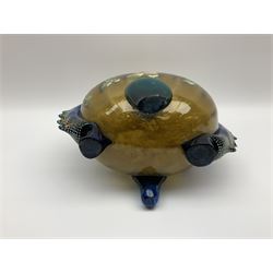 Pair of 19th century glass vases in the style of Auguste Jean, of bulbous form with lobed rim and applied blue glass zoomorphic handles, painted with enamel flowers, dragonflies and swans, upon four blue glass feet, H26cm