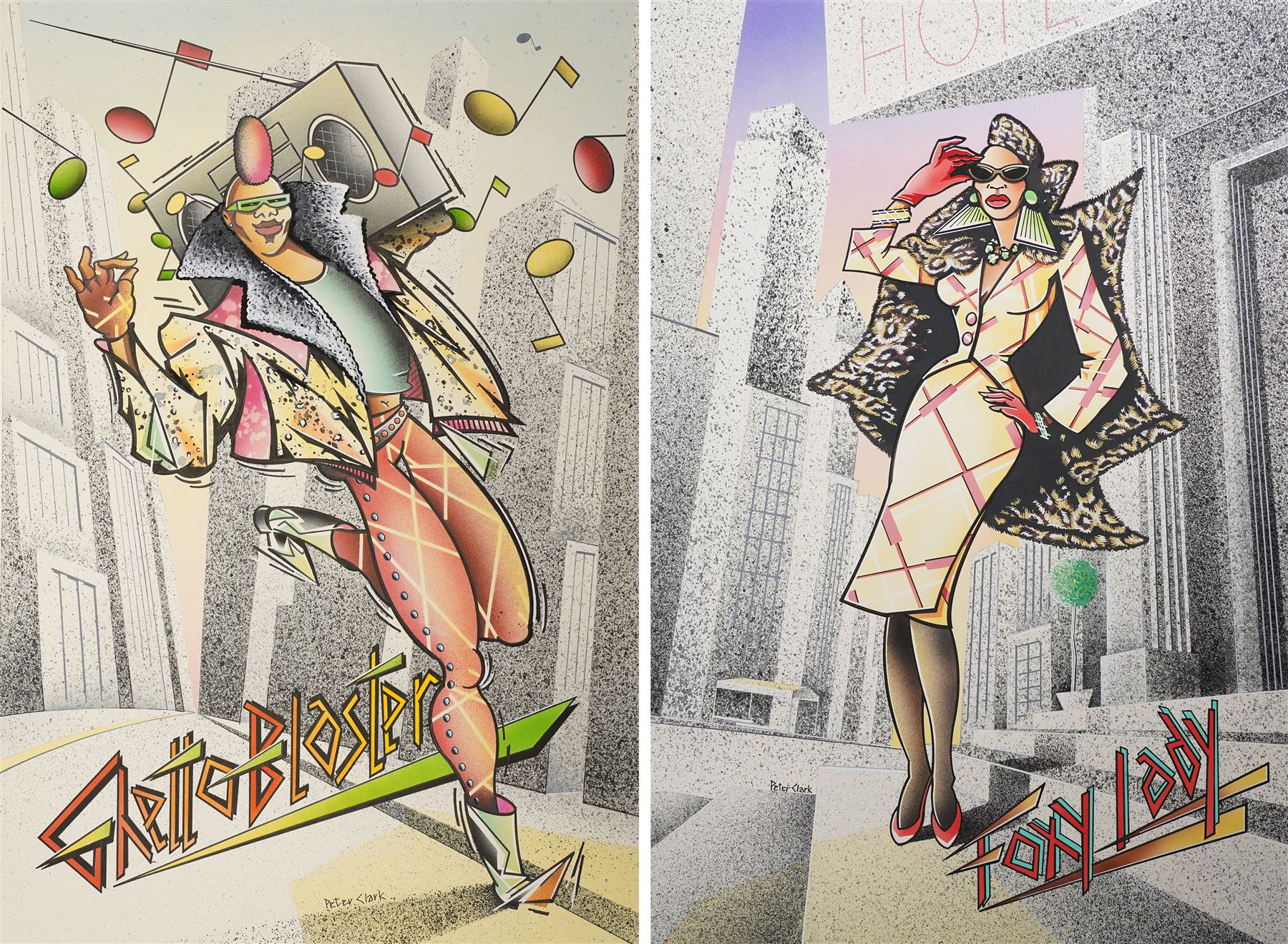 Peter Clark (British 1944-): 'Ghetto Blaster' & 'Foxy Lady', pair of original mixed media ink and watercolour poster prototypes signed, c.1985, 50cm x 34cm (unframed) (2)
Notes: Peter Clark is a British artist best known for his collages, but he began his career as an illustrator working for major UK publications like The Radio Times, BBC and major advertising campaigns. These posters, reflecting the bold colours and graphic style of pop art engage with 1980s music culture.
Provenance: direct from the family of the artist
