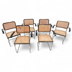 Retailed by Habitat - after Marcel Breuer - set of six 'Cesca' elbow chairs, on chromed supports with cane seat and back, in black paint finish (W62cm, H84cm, D50cm); together with a rectangular extending dining table, sliding top with drop leaf, on chromed supports (194cm x 90cm, H74cm)