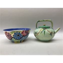 Clarice Cliff for Newport Pottery Delicia pattern bowl, D20cm, Victorian Wedgwood oval tea pot retailed by Goode & Co and in the Bamboo pattern and three other items
