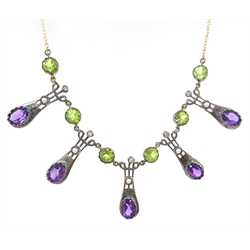  Amethyst, peridot, seed pearl and diamond gold and silver-gilt necklace stamped 375  