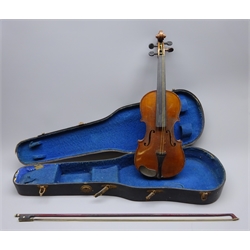  Early 20th century Saxony three-quarter size violin c1900 with 33.5cm two-piece maple back and ribs and spruce top L55cm overall, in ebonised wooden carrying case with bow  