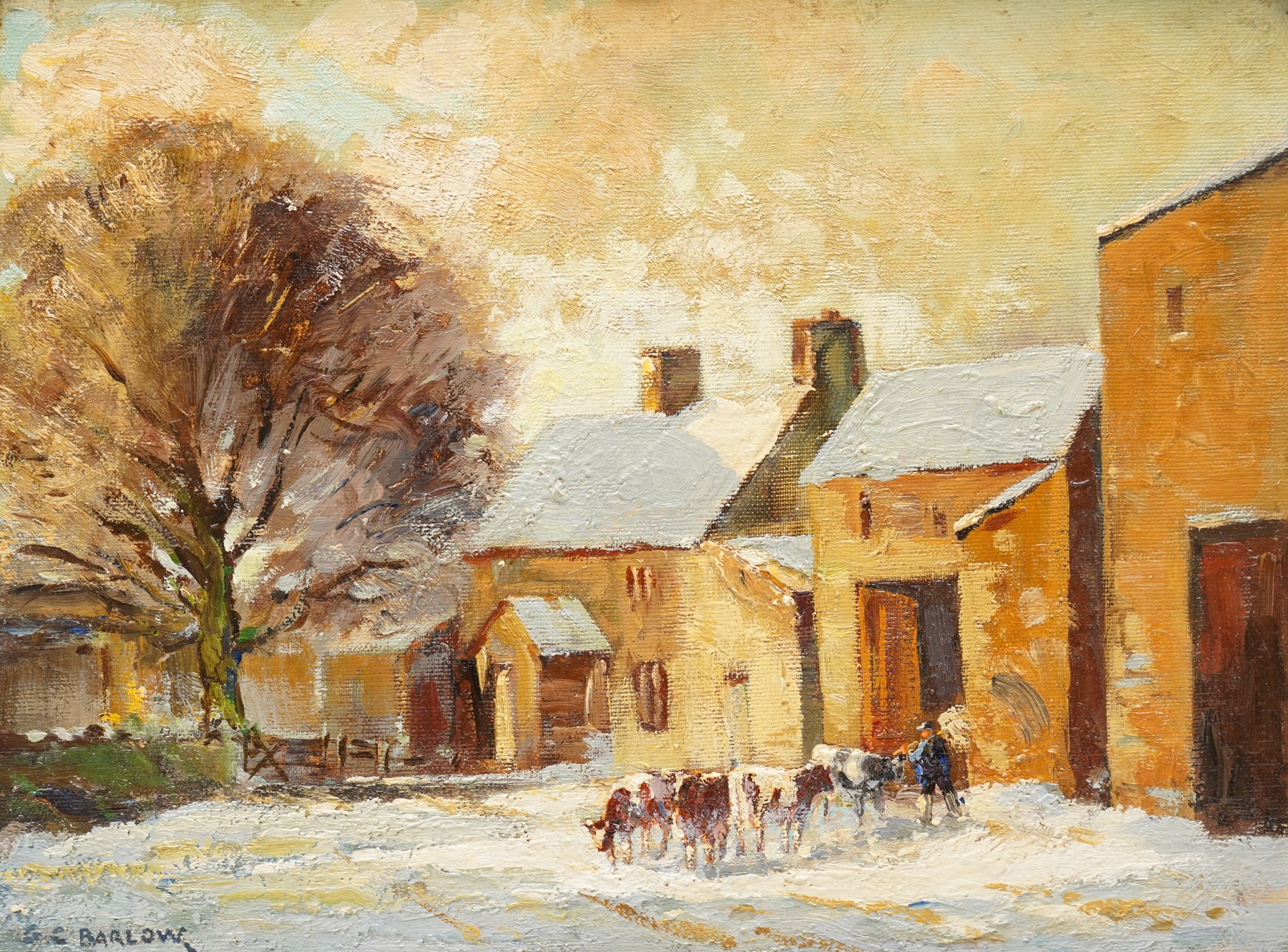 Gordon Clifford Barlow (British 1913-2005): 'Winter Sunshine Yorkshire', oil on canvas board signed, titled on The Royal Institute of Oil Painters at The Mall Galleries 1980 label verso 29.5cm x 39.5cm