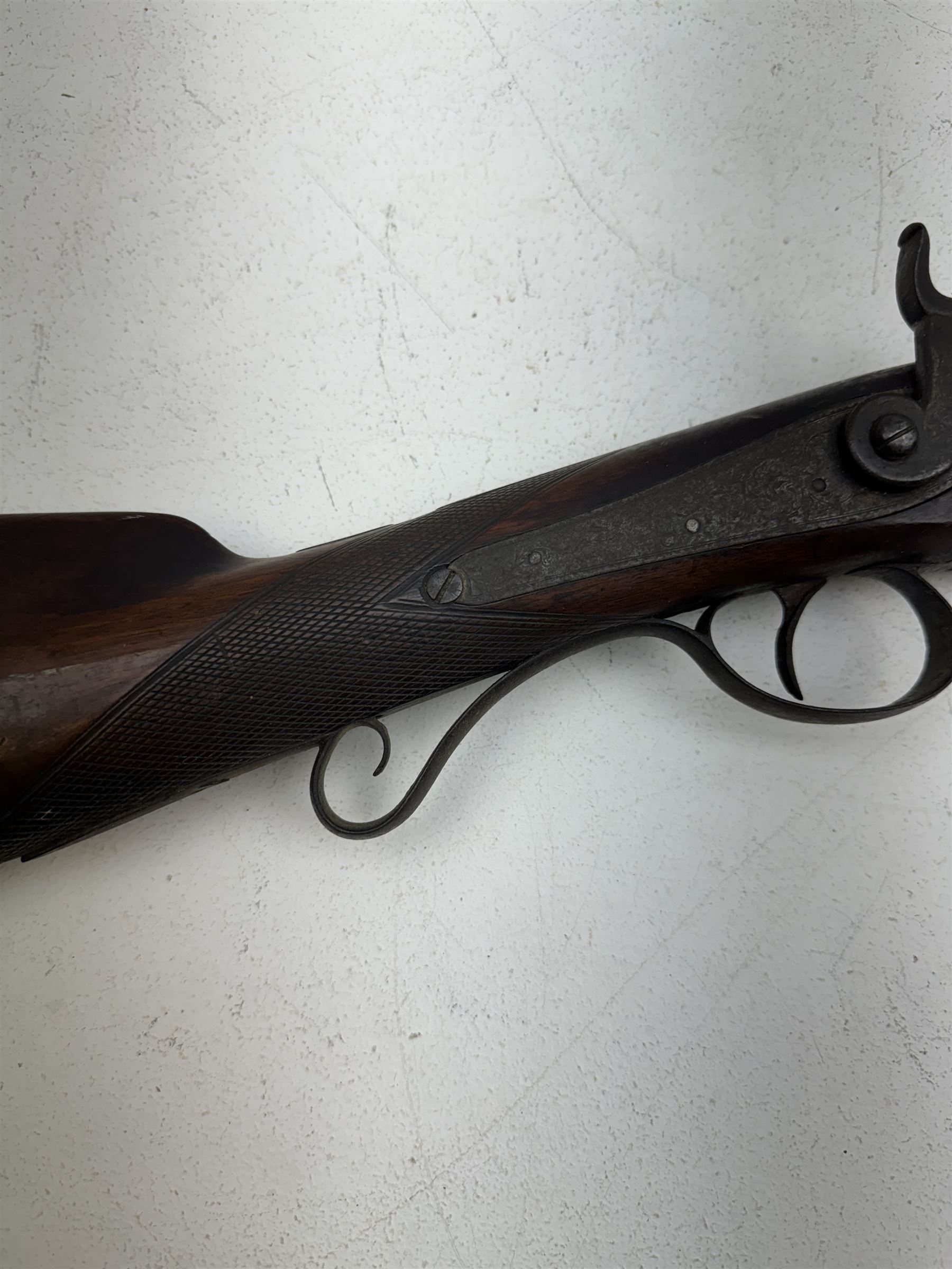 19th century single barrel percussion fire shotgun, muzzle loader, walnut stock with chequered grip and engraved steel fittings, the 84cm (33