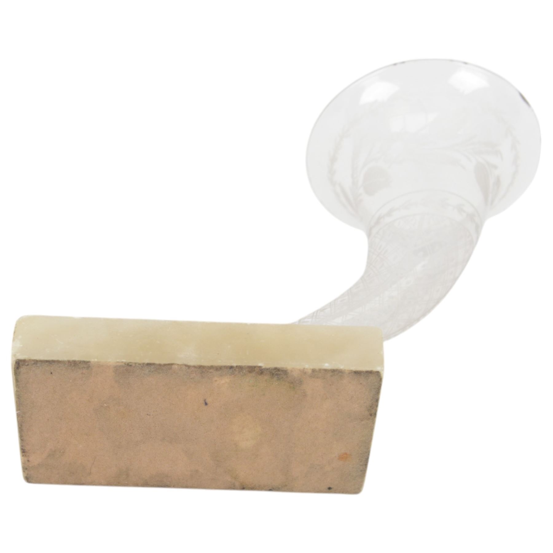 Victorian etched glass cornucopia vase, on hardstone plinth with gloved hand mount, H18cm