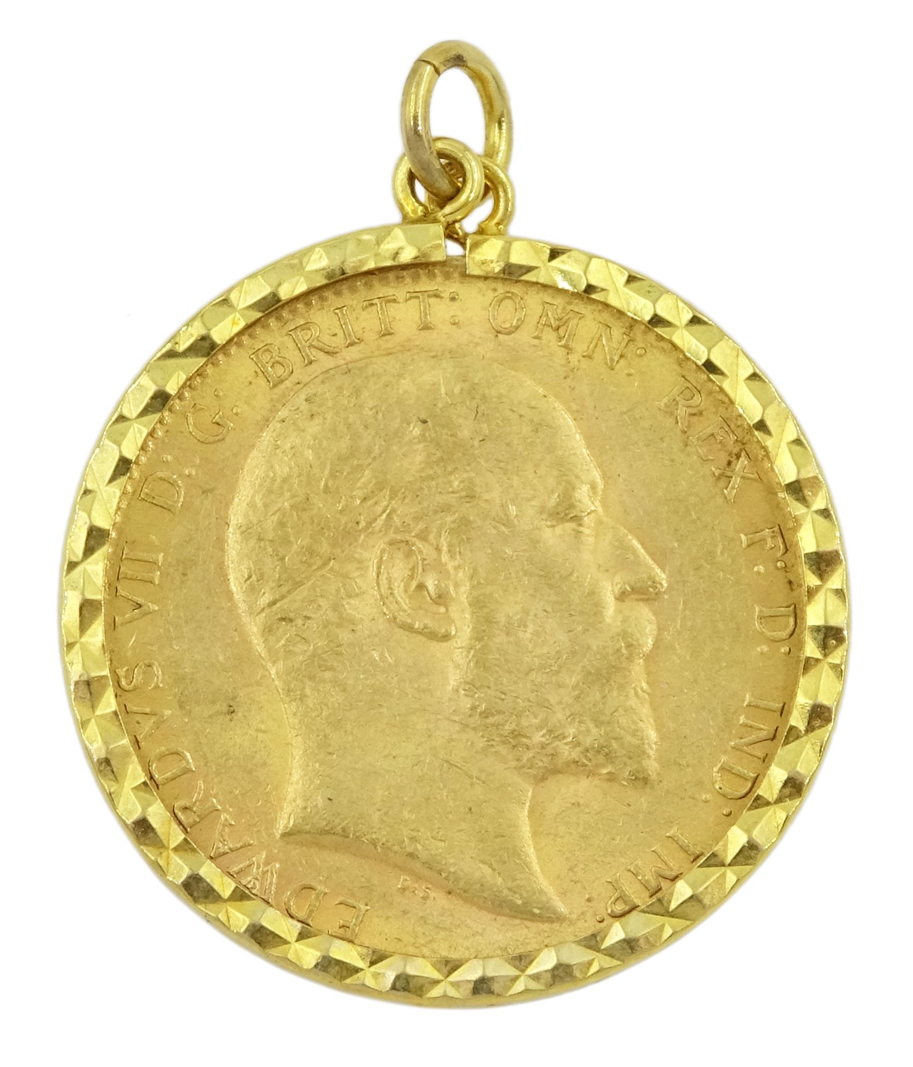 King Edward VII 1904 gold full sovereign coin, loose mounted in 9ct gold pendant hallmarked