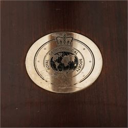 Royal Geographic Society - clock occasional table, the inset brass face with double hemisphere design and glazed top, raised on cylindrical supports united by triform platform base