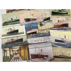 Sixty-five early 20th century postcards of passenger liners including White Star, Red Star, Atlantic Transport, Anchor, Cunard, Henderson, Booth, Union Castle, Holland America, Lamport & Holt, P. & O., New Zealand, Canadian Pacific, British India etc; and ten Edwardian postcards of Naval warships and officers (75)