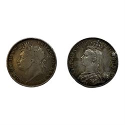 King George IV 1822 silver crown coin and Queen Victoria 1887 crown coin previously mounted (2)