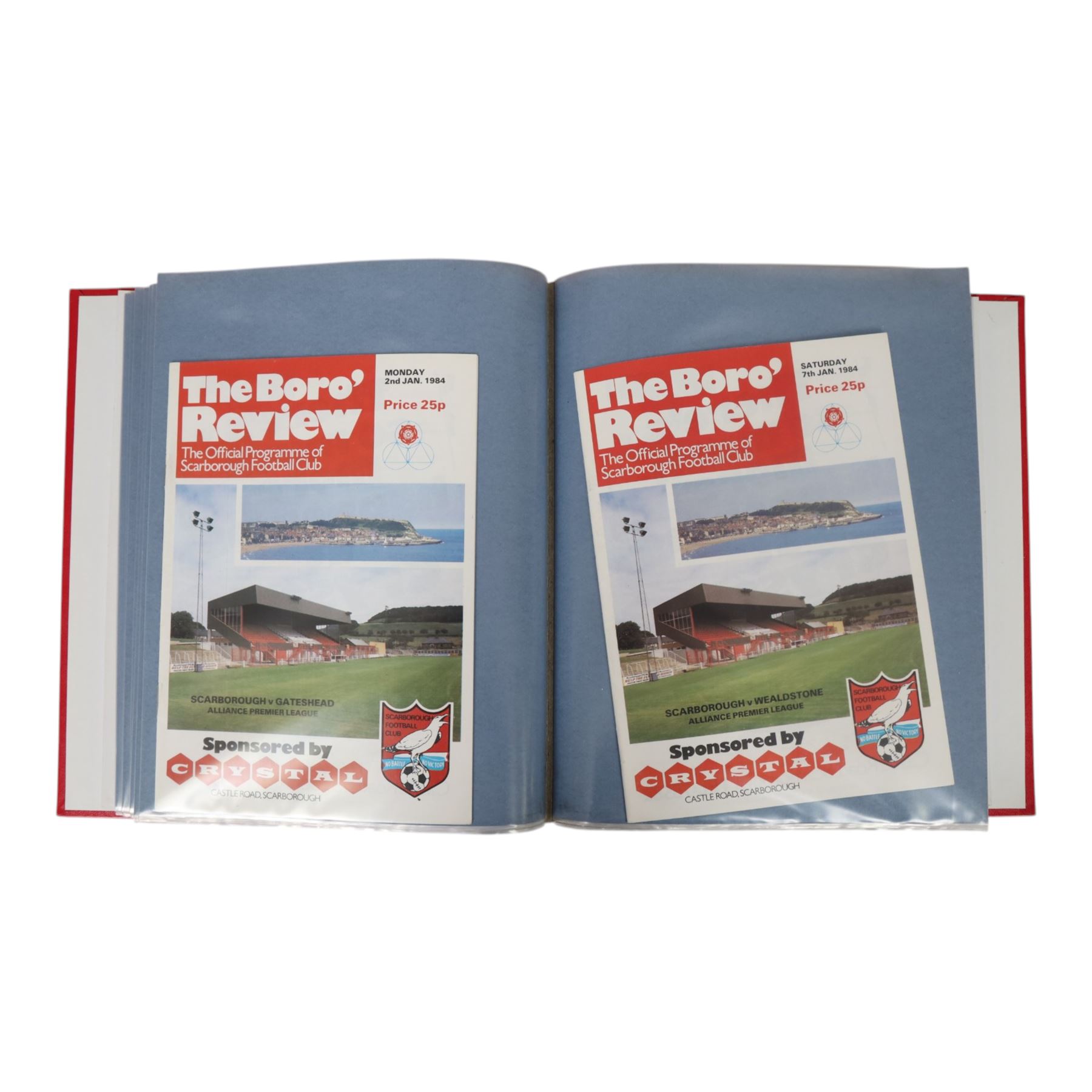 Comprehensive collection of approximately two-hundred Scarborough FC football programmes for the 1983/84, 1984/85,1985/86 and 1986/87 seasons, all filed within eight dedicated Scarborough FC red Home and Away binders 