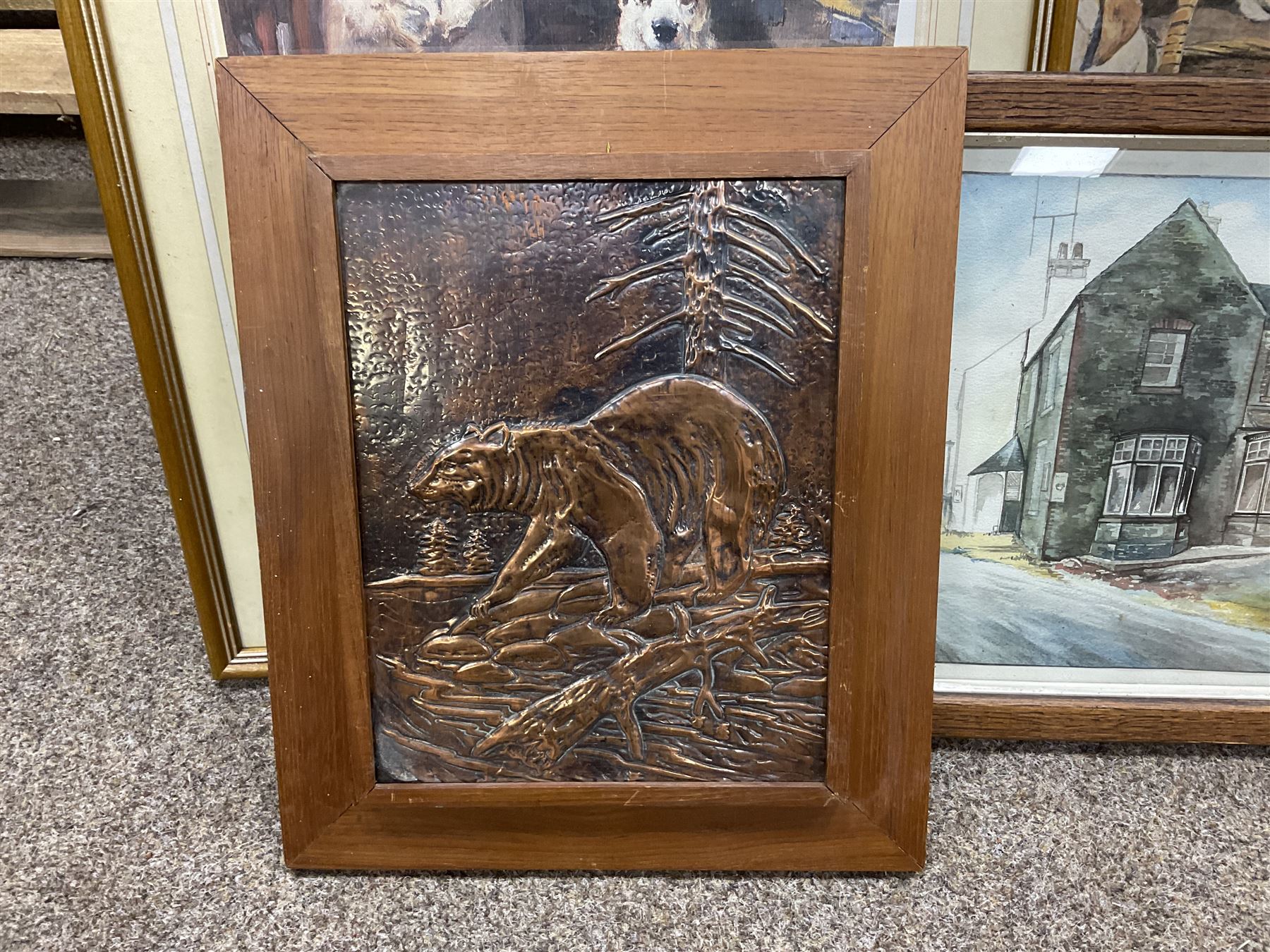 After P E Marshal (British 20th century), Car Outside Inn, water colour signed and dated; after Richard Britton (British) 'Mischief Makers' (golden labradors), colour print, together with three colour prints of dogs and embossed decorative bear scene (6) 